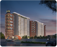 image of two modern high rise residential towers with clean roads and evening setting sun in background