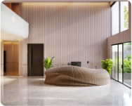 image of a modern work space with natural light, indoor plants, and sliding doors