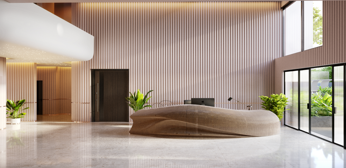 image of a modern work space with natural light, indoor plants, and sliding doors 