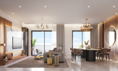 image of a combined living and dining space with ceiling lights, chandeliers, wall mounted tv and sliding glass windows 